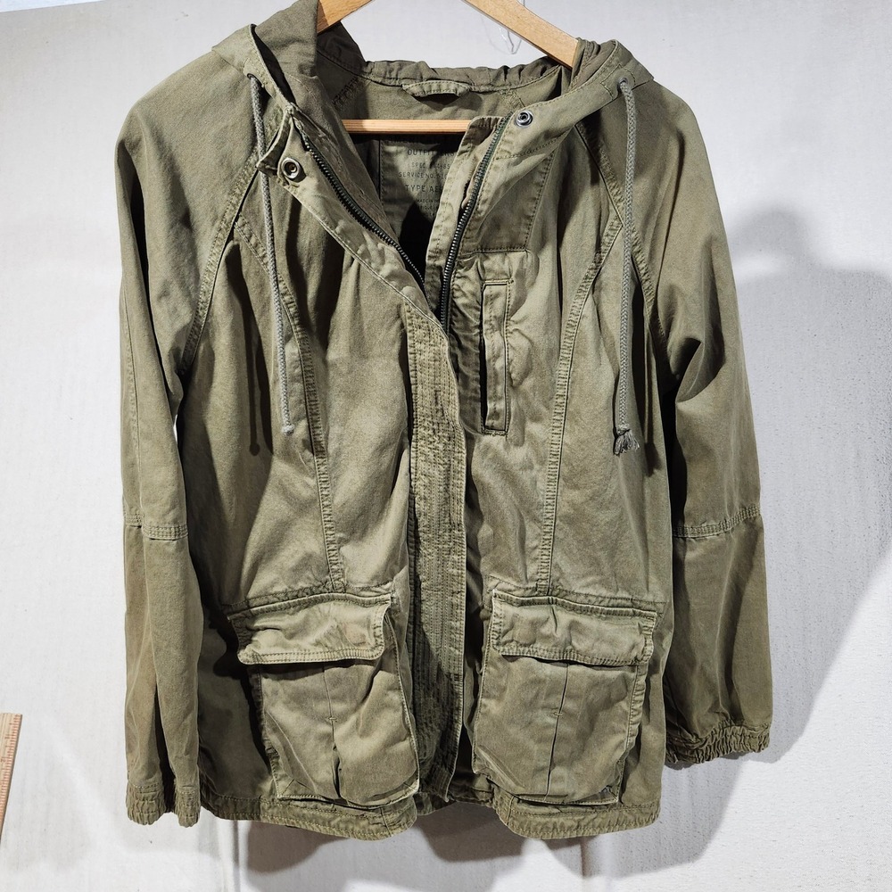 American Eagle Outfitters Women Olive Green Utility Field Jacket Hooded M AE-177